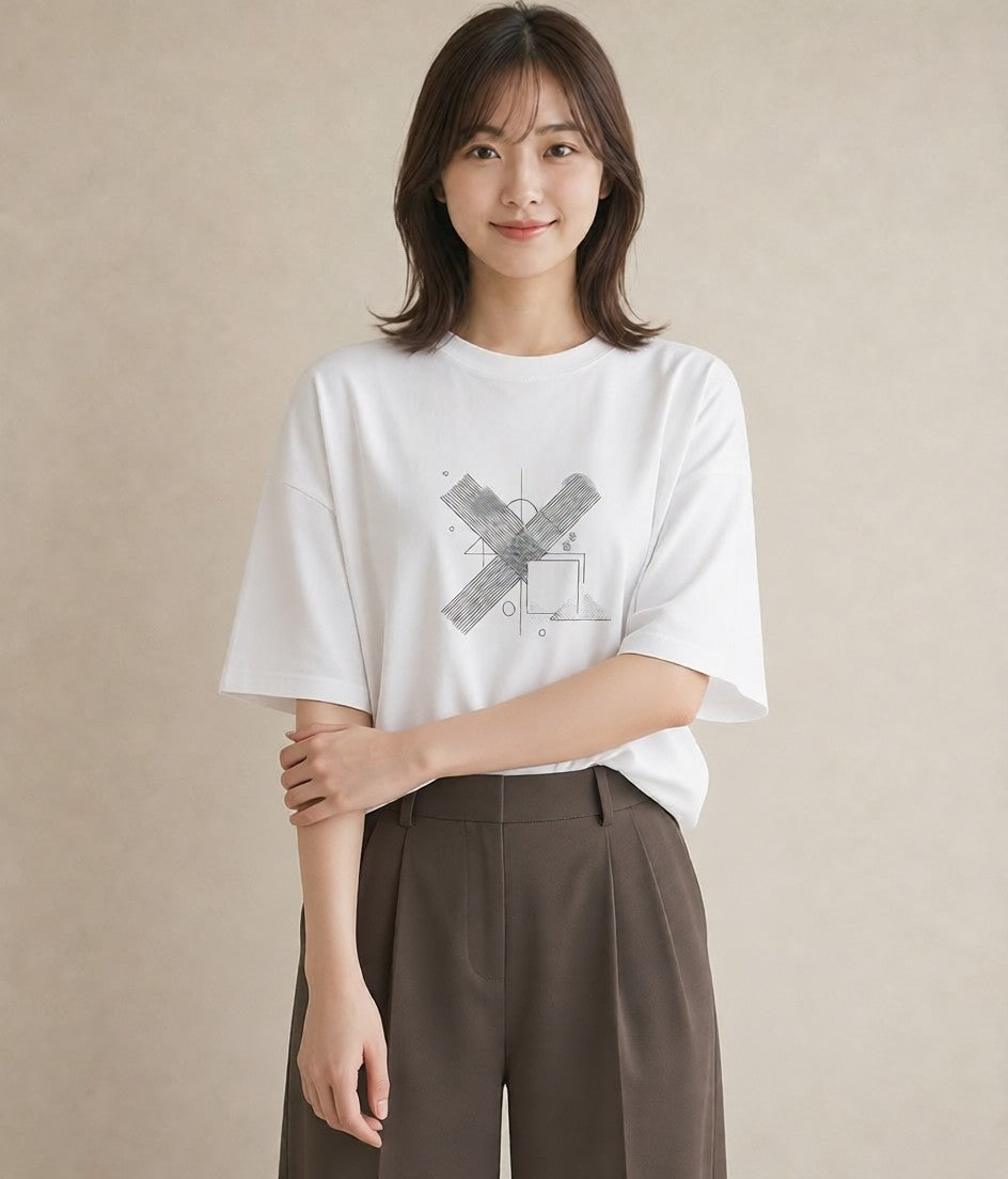 デザインTシャツ レディース 幾何学 ミニマル ジオメトリック イラスト ポップ 通学 誕生日プレゼント 白T YMAZO