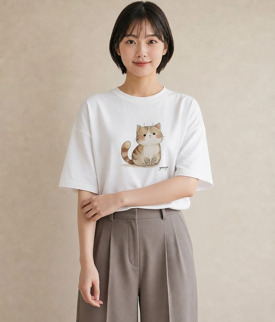 Tシャツ レディース マンチカン 猫 ねこ イラスト お洒落 ホワイトデー 春服 白T YMAZO