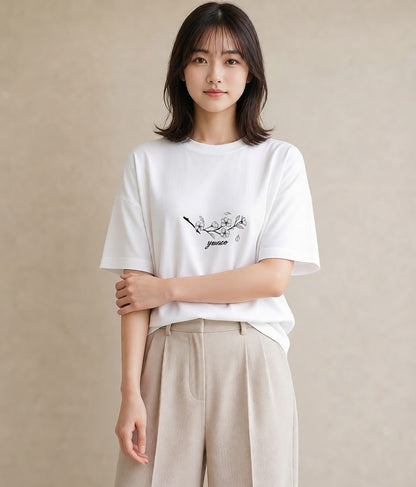 プリントTシャツ レディース さくら 桜 桜の枝 イラスト ナチュラル 通学 誕生日プレゼント 白T YMAZO