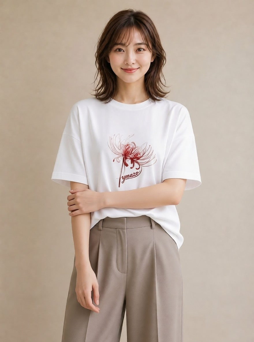 デザインTシャツ レディース 彼岸花 花 花柄 イラスト きれいめ 海 カフェ巡り 白T YMAZO