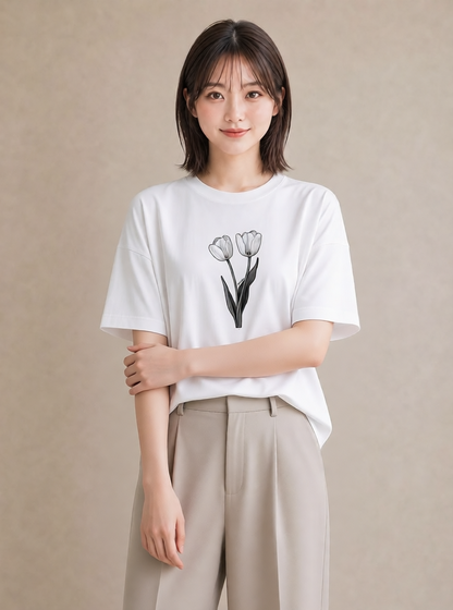 グラフィックTシャツ レディース チューリップ 花 花柄 イラスト 韓国風 誕生日プレゼント 綿100 白T YMAZO
