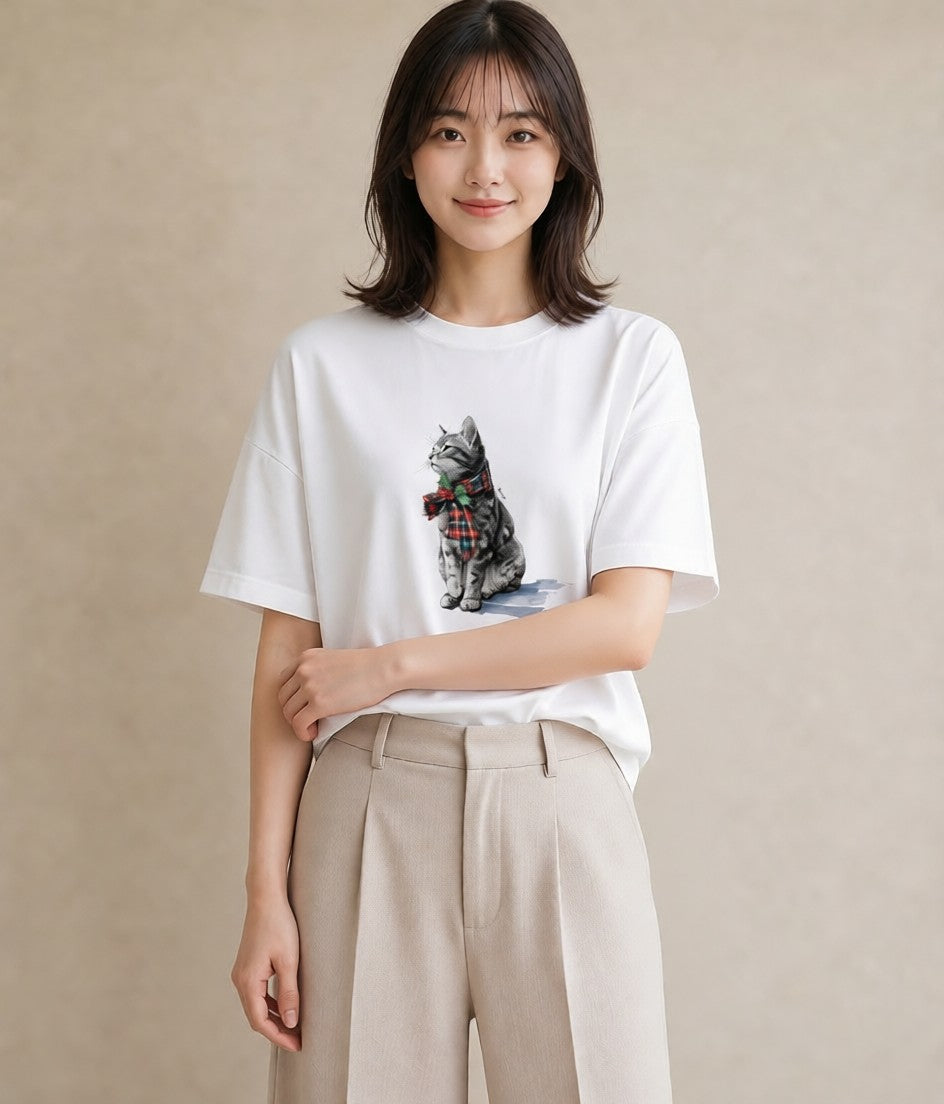 プリントTシャツ レディース サバトラ 猫 ねこ イラスト ポップ 社会人 女性 白T YMAZO