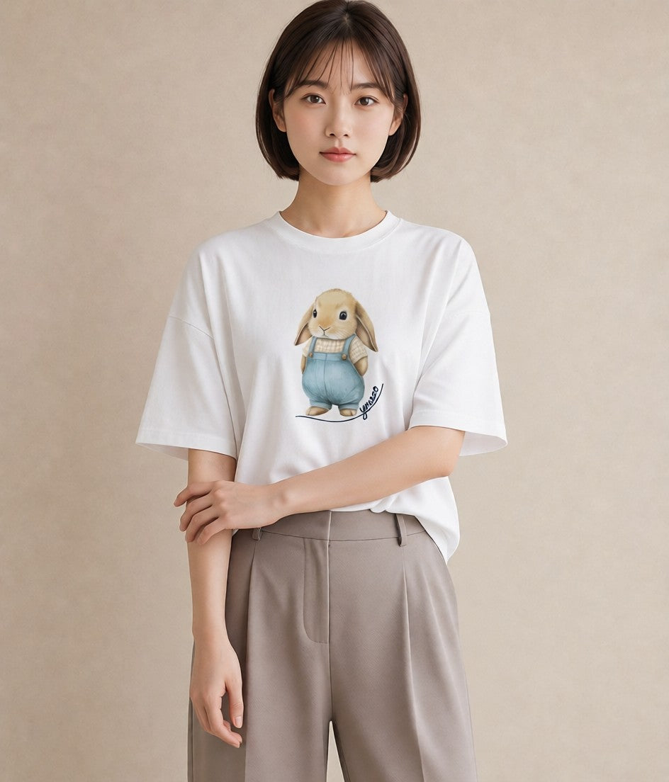 Tシャツ レディース ライオンラビット ペット 動物 イラスト 手描き風 通勤 在宅 白T YMAZO