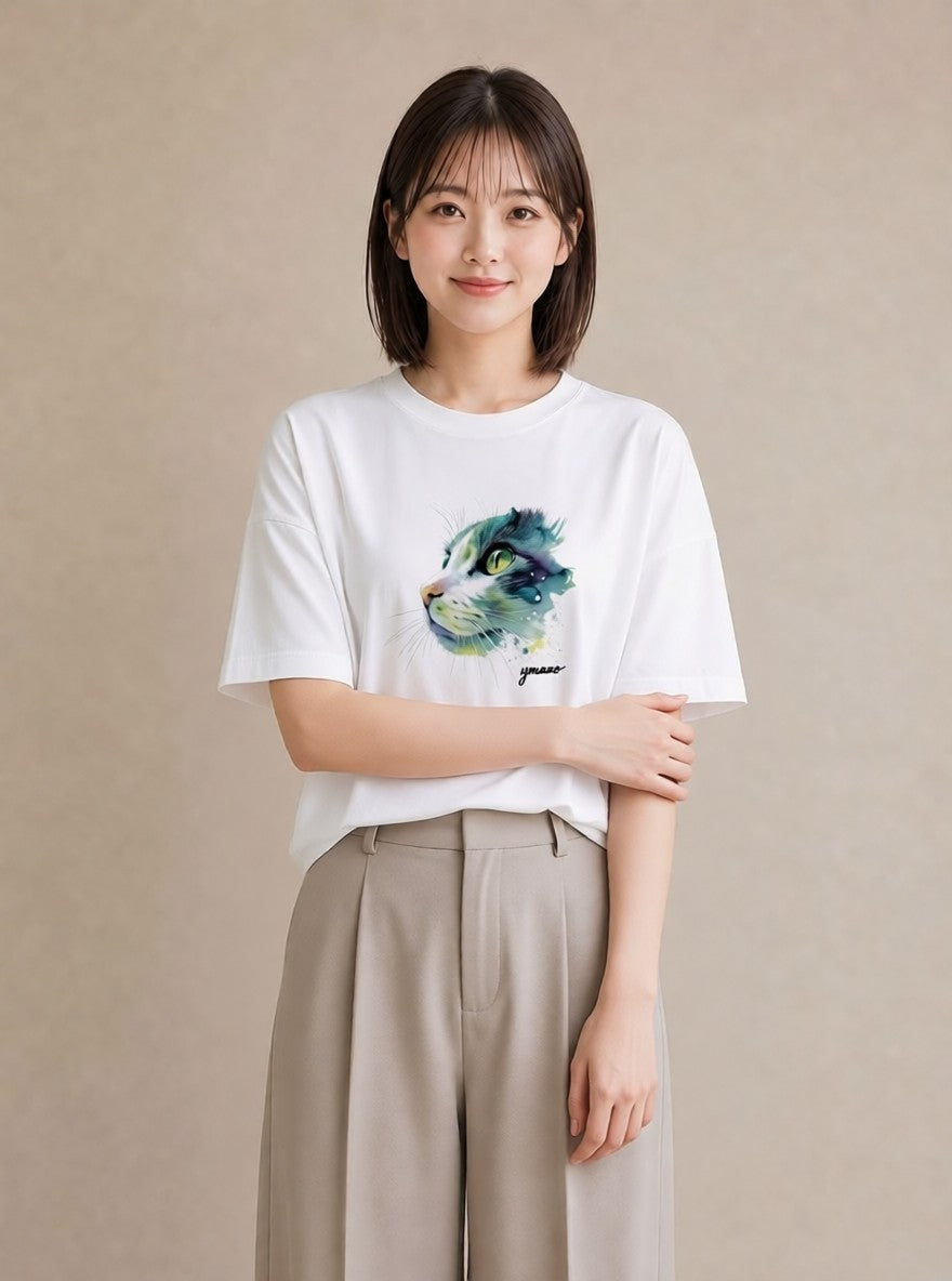 グラフィックTシャツ レディース アメリカンショートヘア 猫 ねこ イラスト ポップ カジュアルコーデ 買い物 白T YMAZO