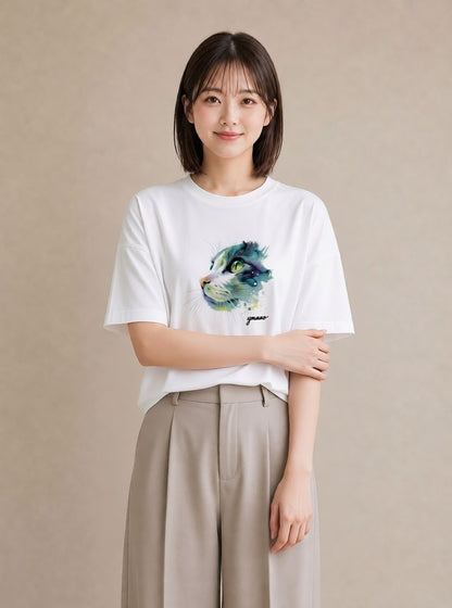 グラフィックTシャツ レディース アメリカンショートヘア 猫 ねこ イラスト ポップ カジュアルコーデ 買い物 白T YMAZO