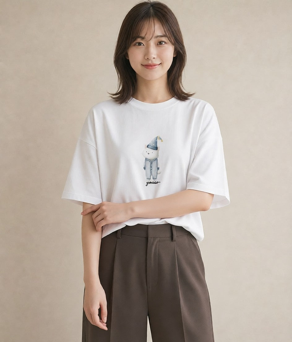 半袖Tシャツ レディース しっぽ 猫 ねこ イラスト きれいめカジュアル 夏コーデ 通学 白T YMAZO