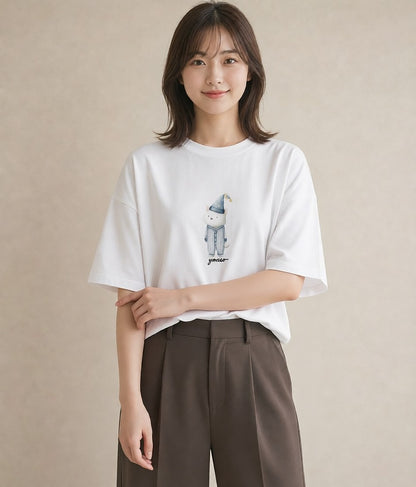 半袖Tシャツ レディース しっぽ 猫 ねこ イラスト きれいめカジュアル 夏コーデ 通学 白T YMAZO