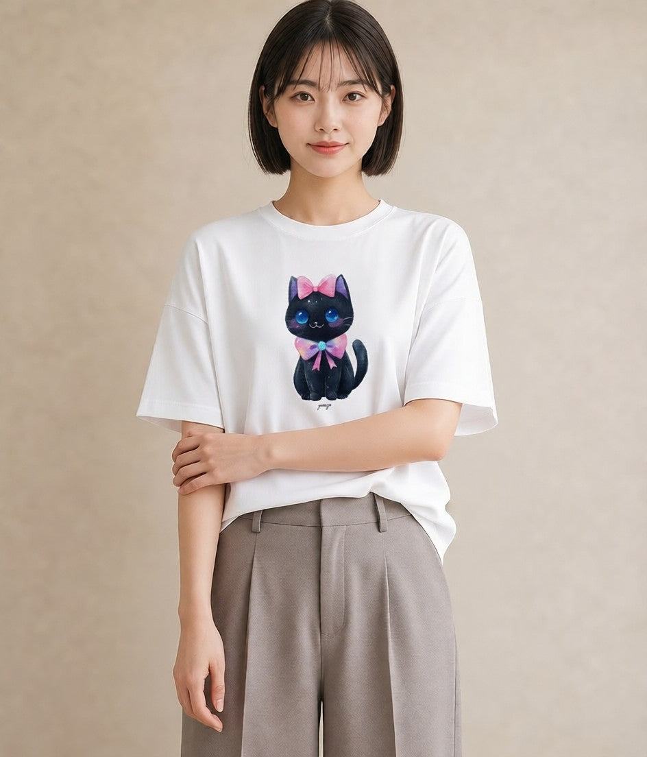 プリントTシャツ レディース 黒猫 猫 ねこ イラスト 線画 公園 ママ 白T YMAZO