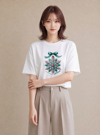 Tシャツ レディース 雪の結晶 星空 宇宙 イラスト 淡色 ママ カフェ服 白T YMAZO