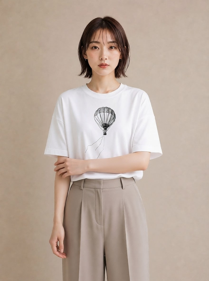 Tシャツ レディース 紙風船 和紙 ナチュラル アンティーク イラスト モード ホワイトデー 春服 白T YMAZO
