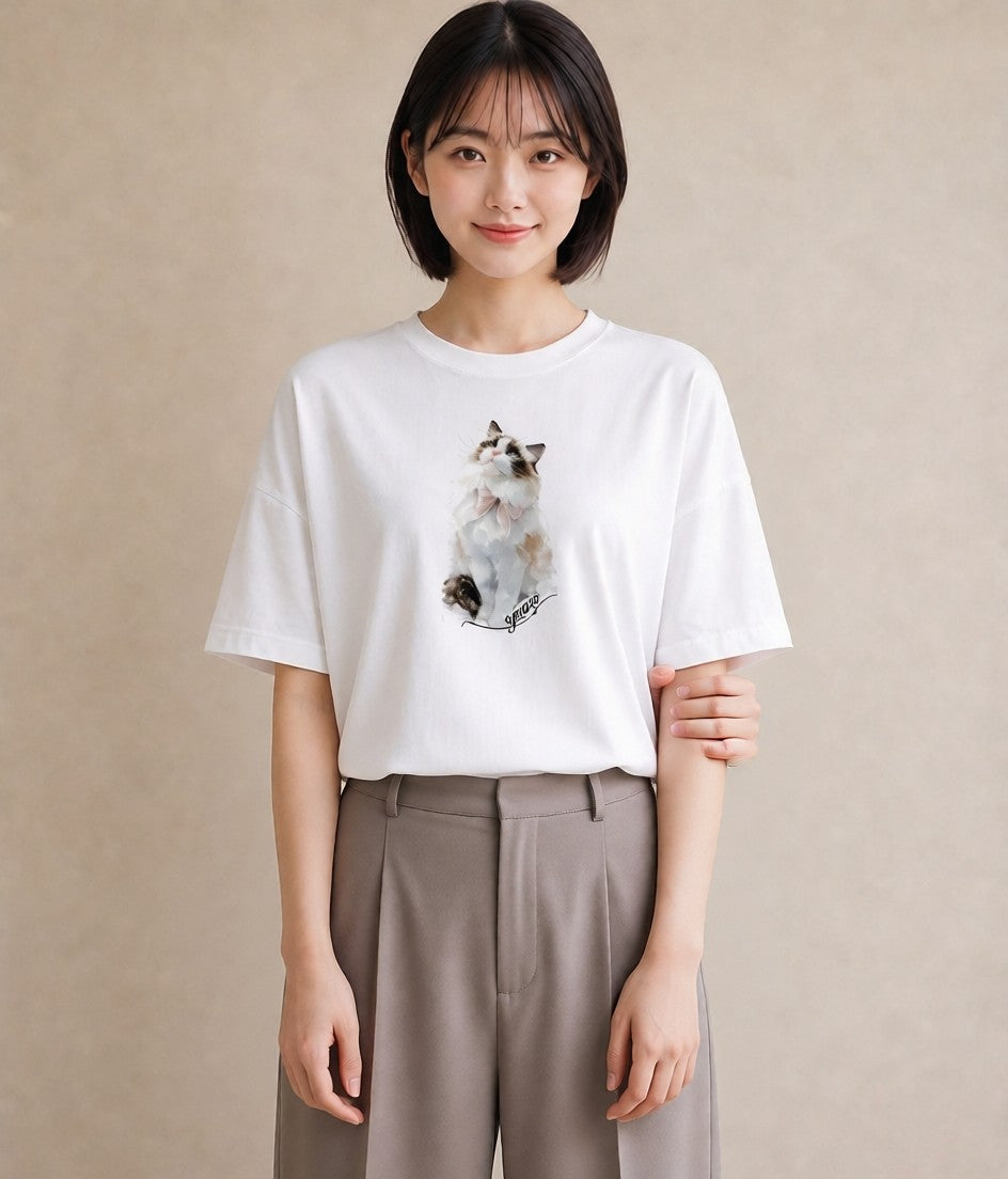 プリントTシャツ レディース 愛猫 猫 ねこ イラスト こなれ感 自分用 ルームウェア 白T YMAZO