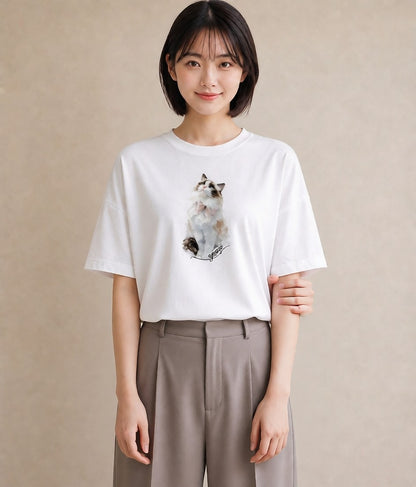 プリントTシャツ レディース 愛猫 猫 ねこ イラスト こなれ感 自分用 ルームウェア 白T YMAZO