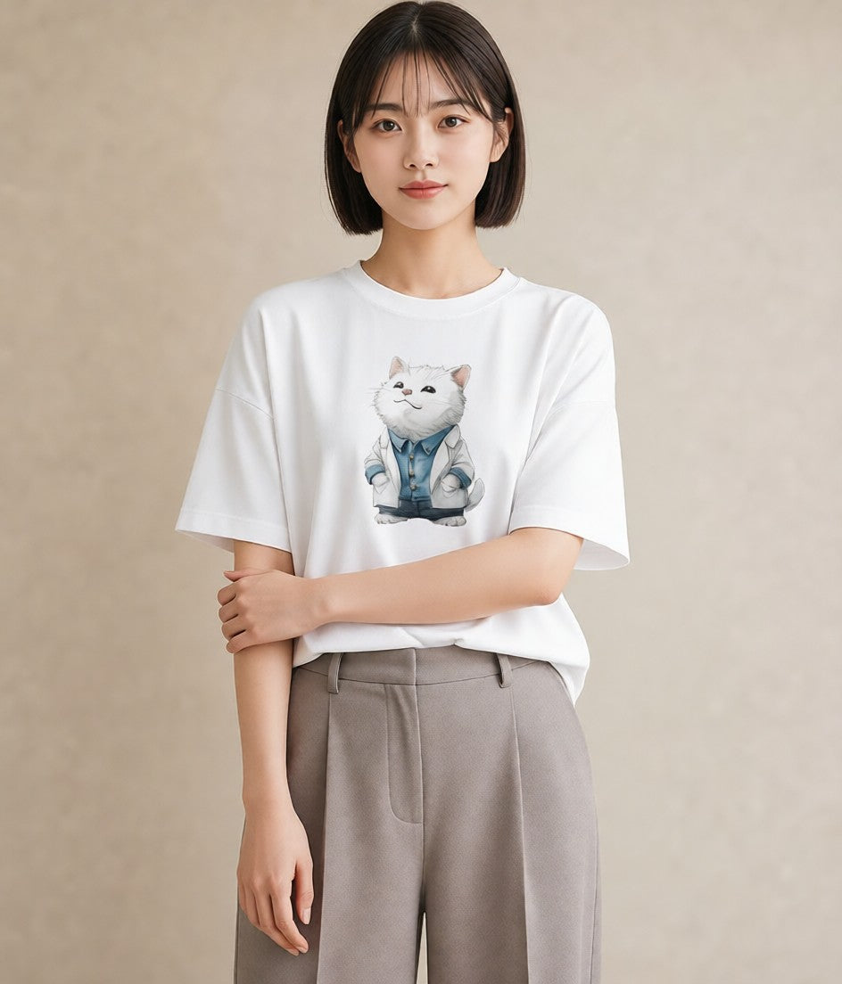 半袖Tシャツ レディース ペルシャ 猫 ねこ イラスト 抜け感 敬老の日 ホワイトデー 白T YMAZO