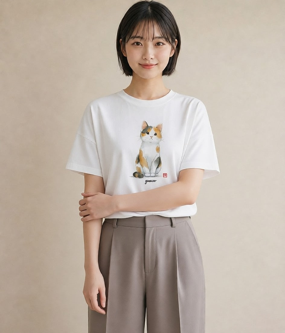 デザインTシャツ レディース ハチワレ 白黒猫 猫 ねこ イラスト カフェ服 クリスマス 白T YMAZO