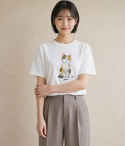 デザインTシャツ レディース ハチワレ 白黒猫 猫 ねこ イラスト カフェ服 クリスマス 白T YMAZO