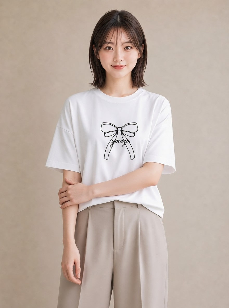 Tシャツ レディース リボン 蝶結び ナチュラル アンティーク イラスト 抜け感 部屋着 女性向けギフト 白T YMAZO