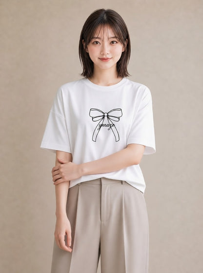 Tシャツ レディース リボン 蝶結び ナチュラル アンティーク イラスト 抜け感 部屋着 女性向けギフト 白T YMAZO