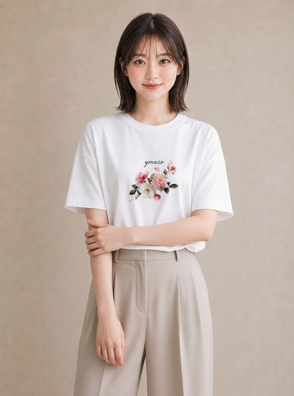 半袖Tシャツ レディース 花 花柄 イラスト ラフカジュアル 旅行用 海 白T YMAZO