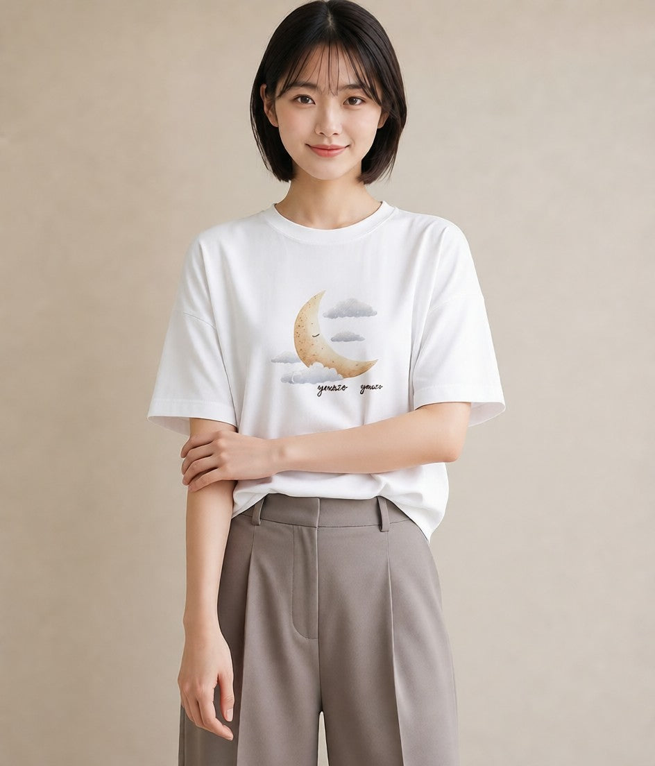 半袖Tシャツ レディース 三日月 星空 宇宙 イラスト モード ビーチ デイリーウェア 白T YMAZO