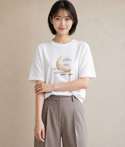 半袖Tシャツ レディース 三日月 星空 宇宙 イラスト モード ビーチ デイリーウェア 白T YMAZO