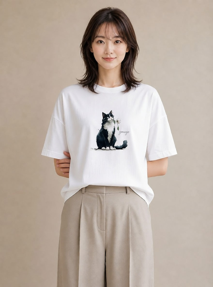 半袖Tシャツ レディース ハチワレ 白黒猫 猫 ねこ イラスト 手描き風 春服 ミセス 白T YMAZO