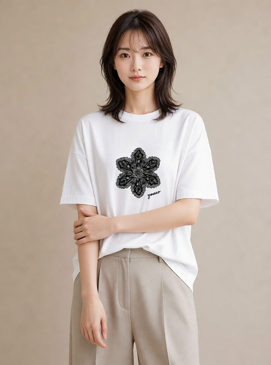 デザインTシャツ レディース レースハンカチ レース ハンカチ ナチュラル アンティーク イラスト 北欧風 女性 旅行用 白T YMAZO