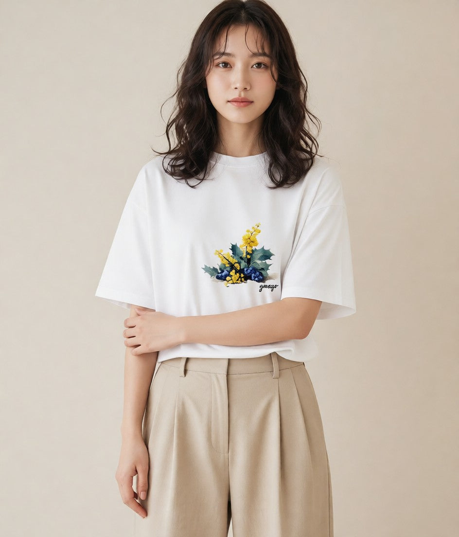 プリントTシャツ レディース 木の実 植物 ボタニカル イラスト 韓国風 レイヤード 友達ギフト 白T YMAZO
