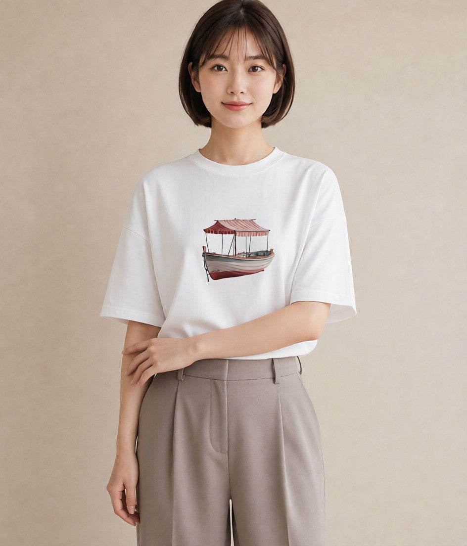 デザインTシャツ レディース 紙の船 水辺 ナチュラル アンティーク イラスト カフェコーデ 親子 20代 白T YMAZO