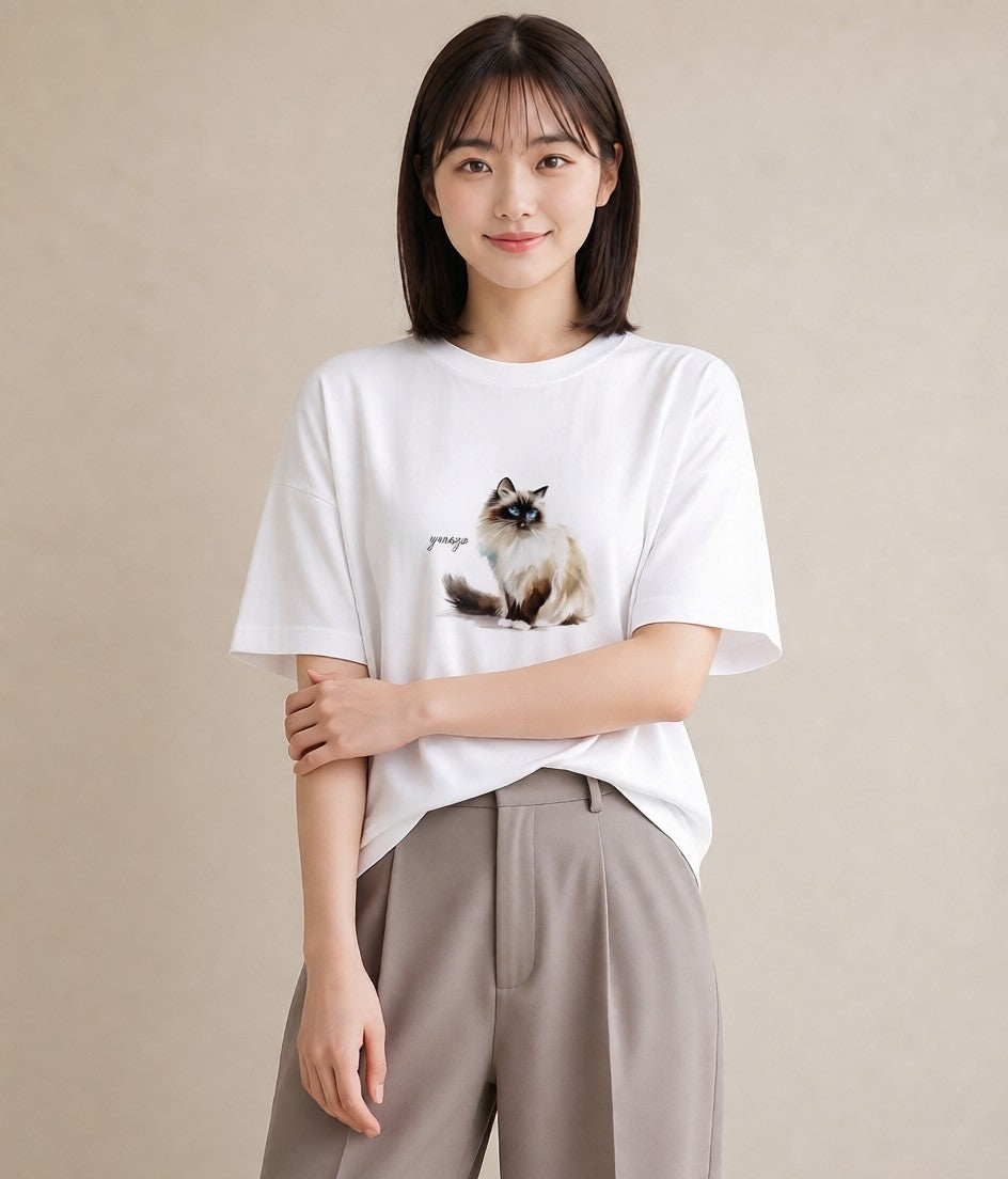 デザインTシャツ レディース 白猫 猫 ねこ イラスト ヴィンテージ風 クリスマス 旅行 白T YMAZO