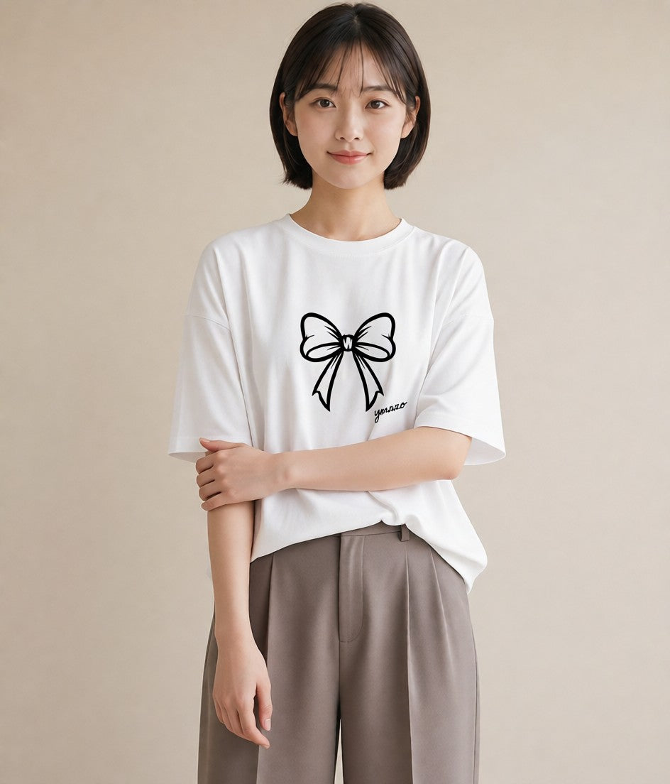 Tシャツ レディース リボン ボウ りぼん イラスト こなれ感 親子 20代 白T YMAZO