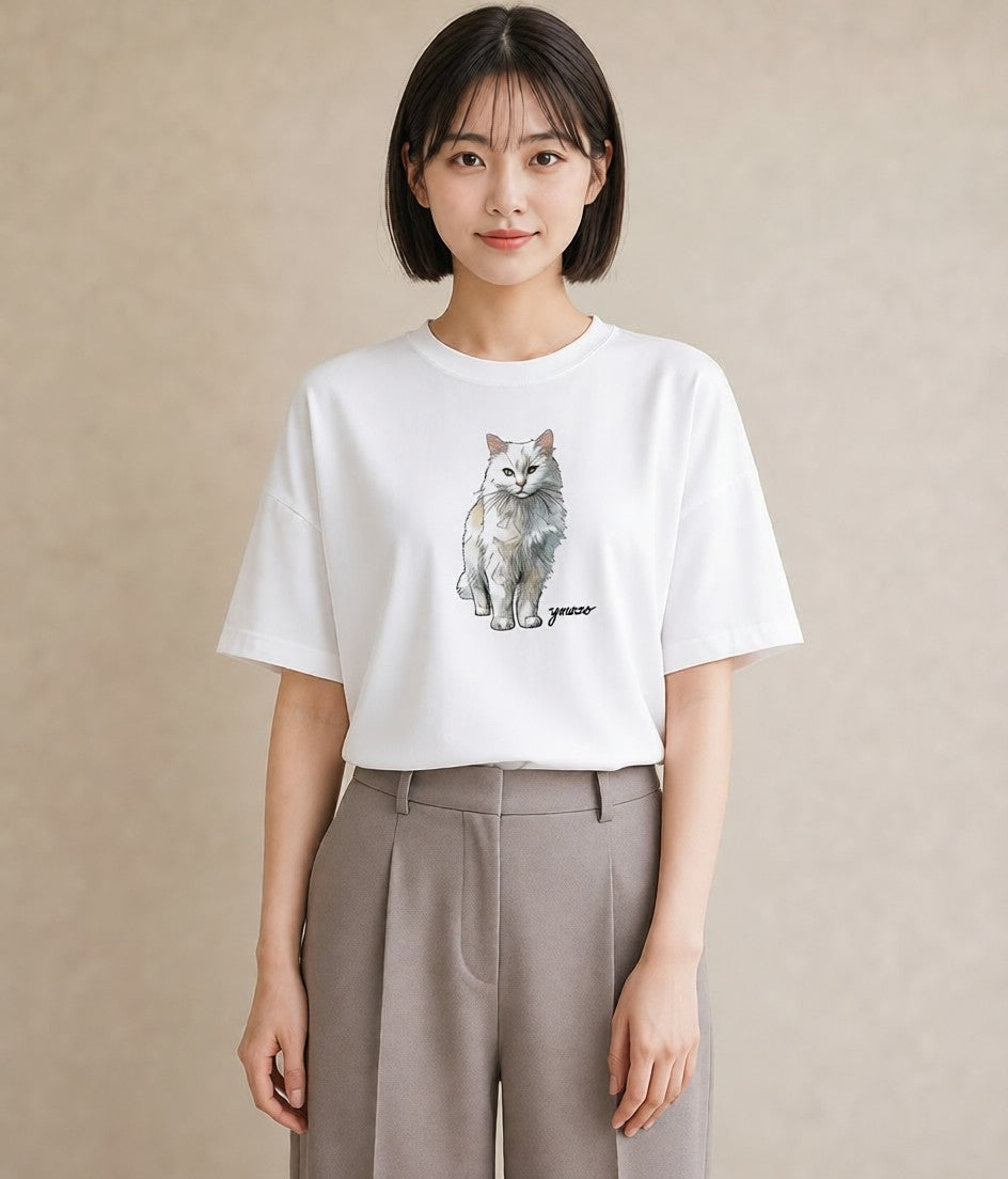 Tシャツ レディース しっぽ 猫 ねこ イラスト 北欧風 夏コーデ 通学 白T YMAZO