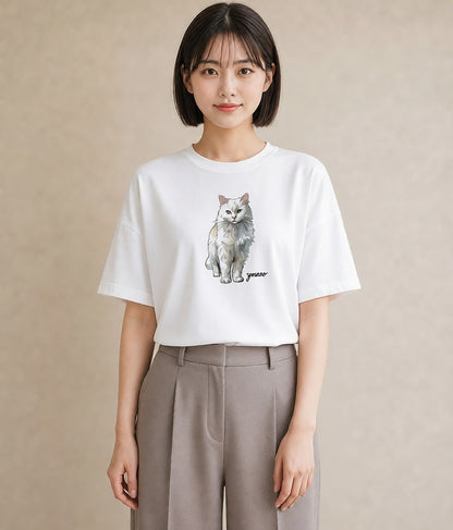 Tシャツ レディース しっぽ 猫 ねこ イラスト 北欧風 夏コーデ 通学 白T YMAZO