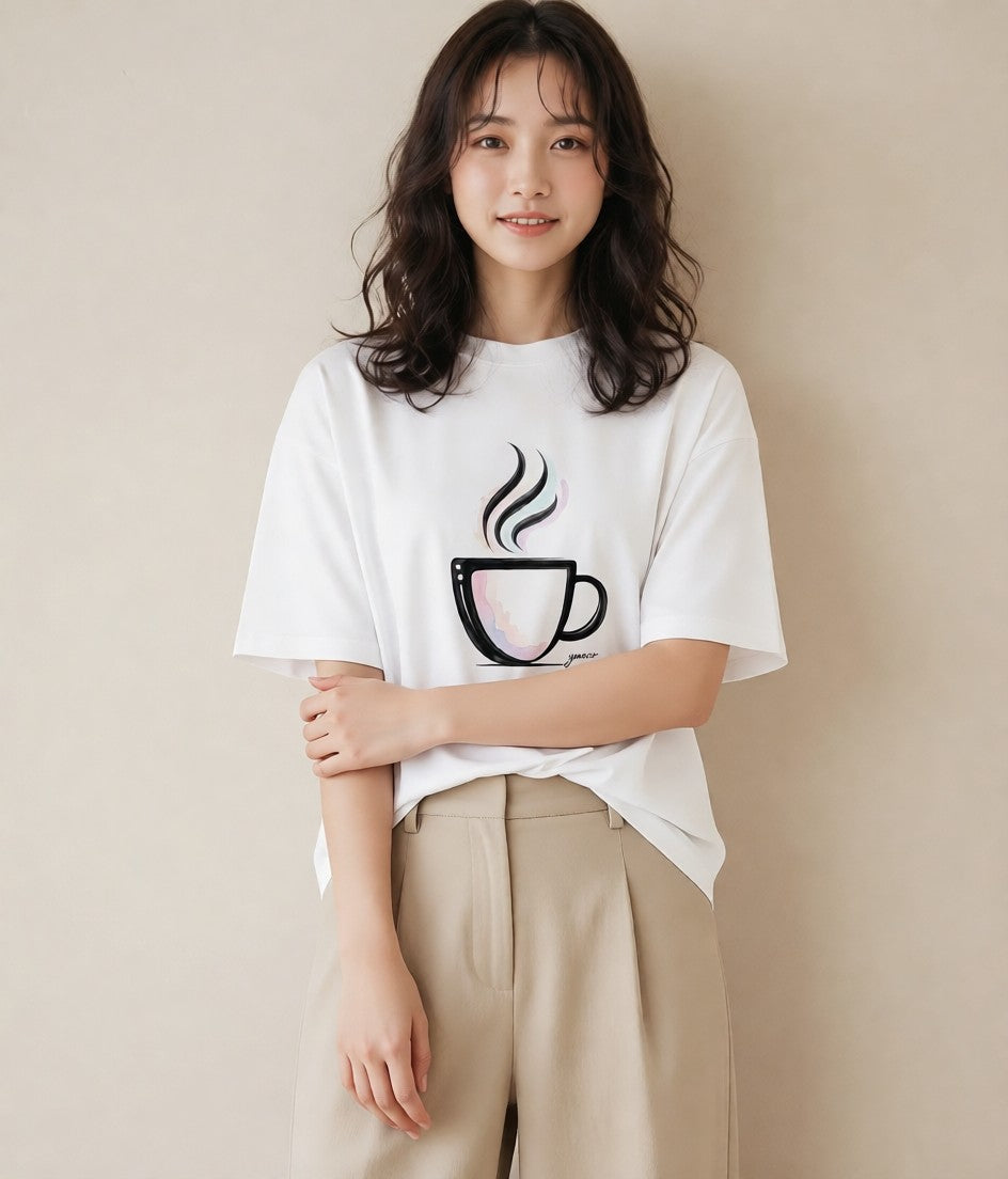 半袖Tシャツ レディース コーヒー カフェ 珈琲 イラスト 手描き風 送別ギフト 通勤 白T YMAZO