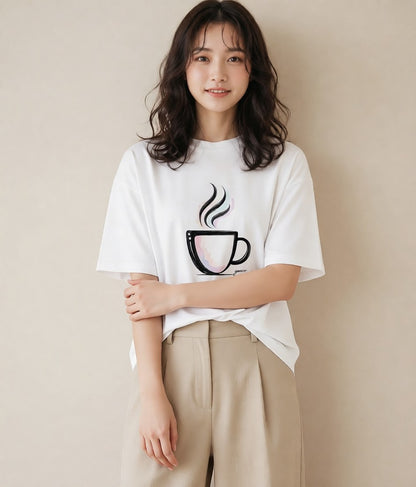 半袖Tシャツ レディース コーヒー カフェ 珈琲 イラスト 手描き風 送別ギフト 通勤 白T YMAZO