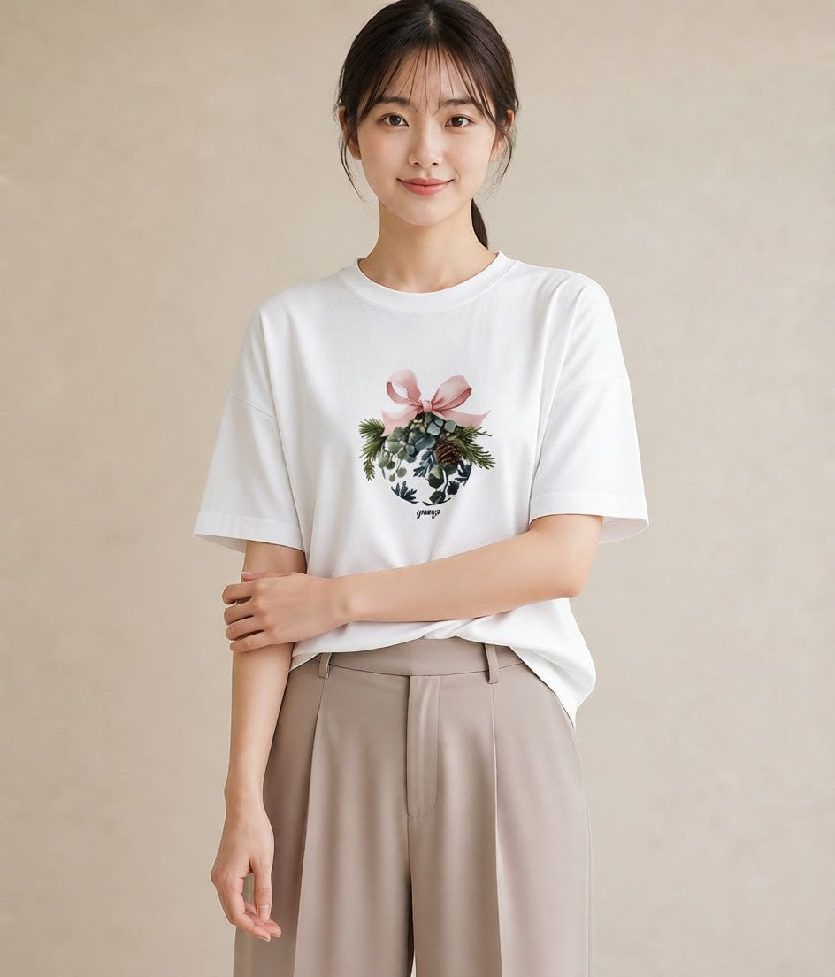 Tシャツ レディース 松ぼっくり 植物 ボタニカル イラスト 韓国風 秋コーデ おしゃれギフト 白T YMAZO