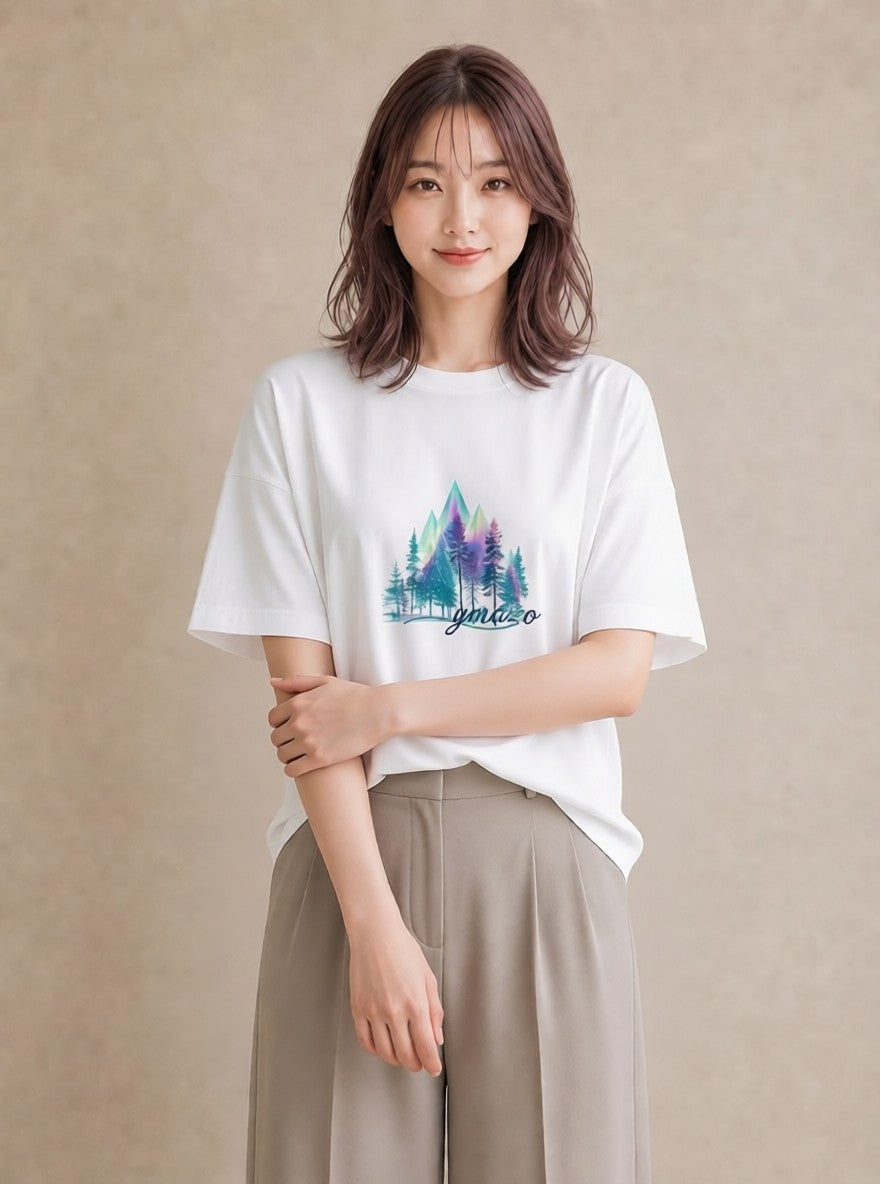 グラフィックTシャツ レディース オーロラ 星空 宇宙 イラスト 淡色 母娘コーデ 自分用 白T YMAZO