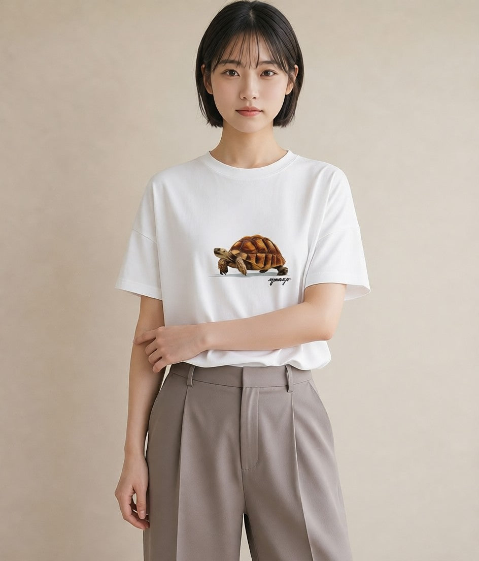 Tシャツ レディース ゼニガメ ペット 動物 イラスト レトロ ミセス 春コーデ 白T YMAZO
