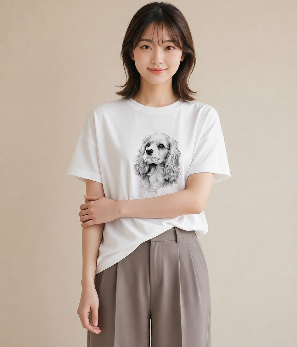 プリントTシャツ レディース キャバリア 犬 いぬ イラスト ボタニカル 女性向けギフト 散歩 白T YMAZO