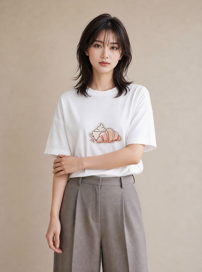 Tシャツ レディース 食パン 食べ物 フード イラスト ラフカジュアル カフェ服 クリスマス 白T YMAZO
