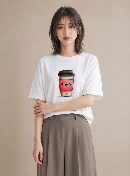 デザインTシャツ レディース カフェラテ 食べ物 フード イラスト 水彩風 親子 20代 白T YMAZO