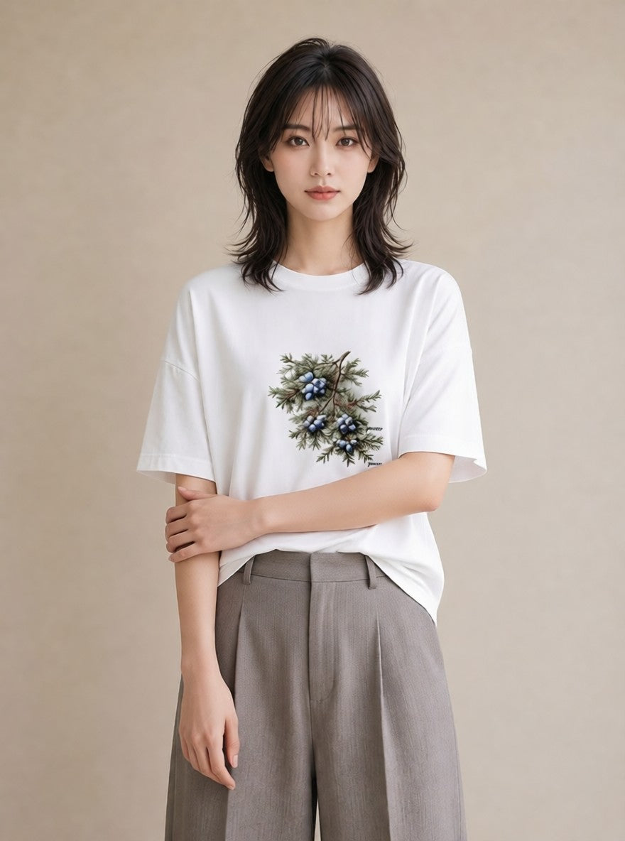 デザインTシャツ レディース 木の実 植物 ボタニカル イラスト 線画 誕生日プレゼント 綿100 白T YMAZO