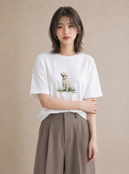 デザインTシャツ レディース ゴールデンレトリバー ゴールデン 犬 いぬ イラスト カフェコーデ レイヤード 友達ギフト 白T YMAZO