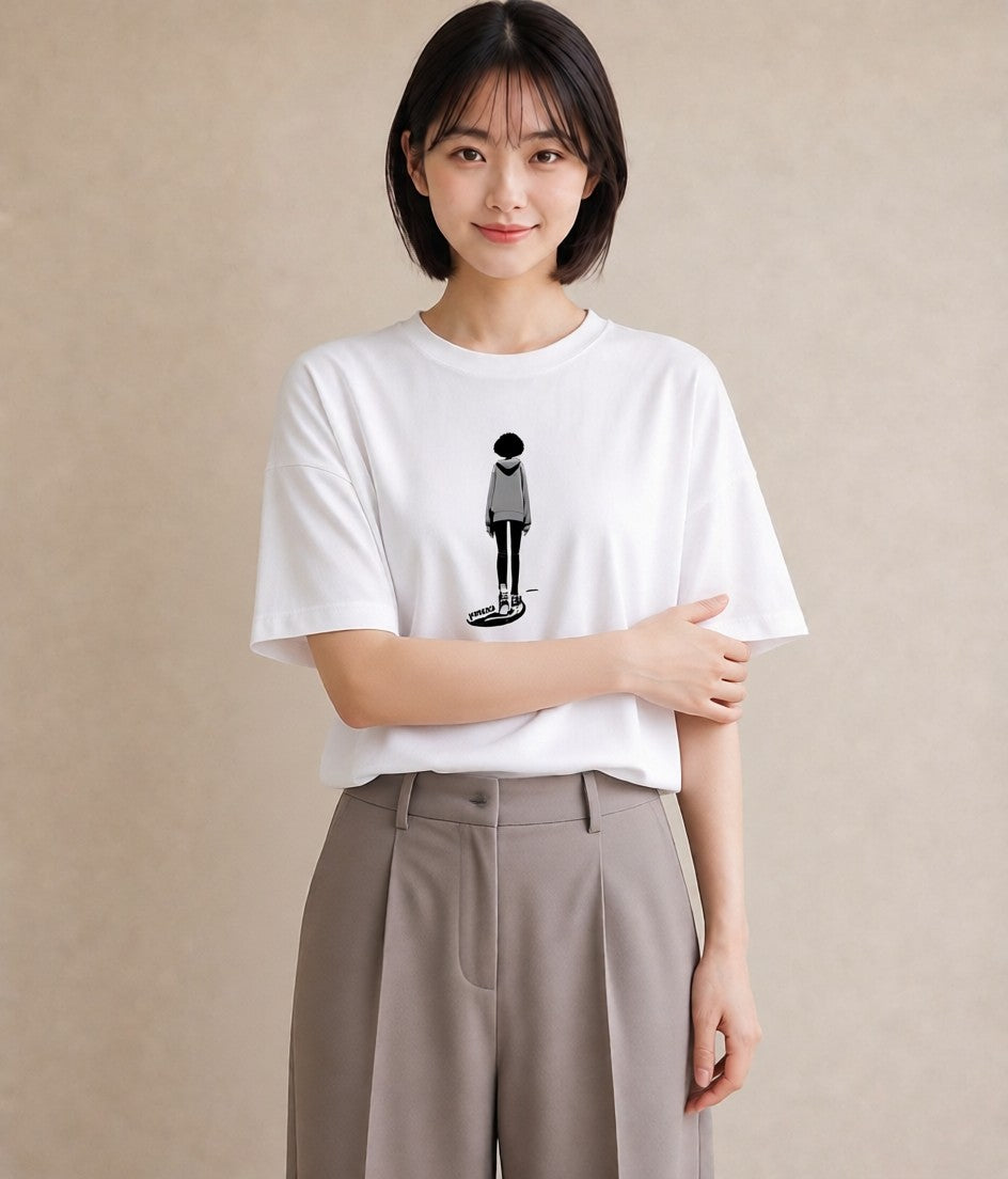 グラフィックTシャツ レディース 女の子 ガール 後ろ姿 イラスト ラフ ルームウェア ギフト 白T YMAZO
