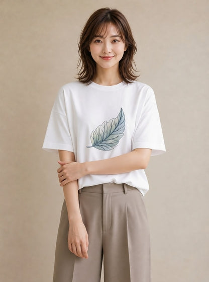 半袖Tシャツ レディース 葉っぱ 植物 ボタニカル イラスト ポップ カジュアルコーデ 買い物 白T YMAZO