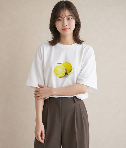 デザインTシャツ レディース レモン 檸檬 食べ物 フード イラスト ミニマル お出かけ 普段着 白T YMAZO