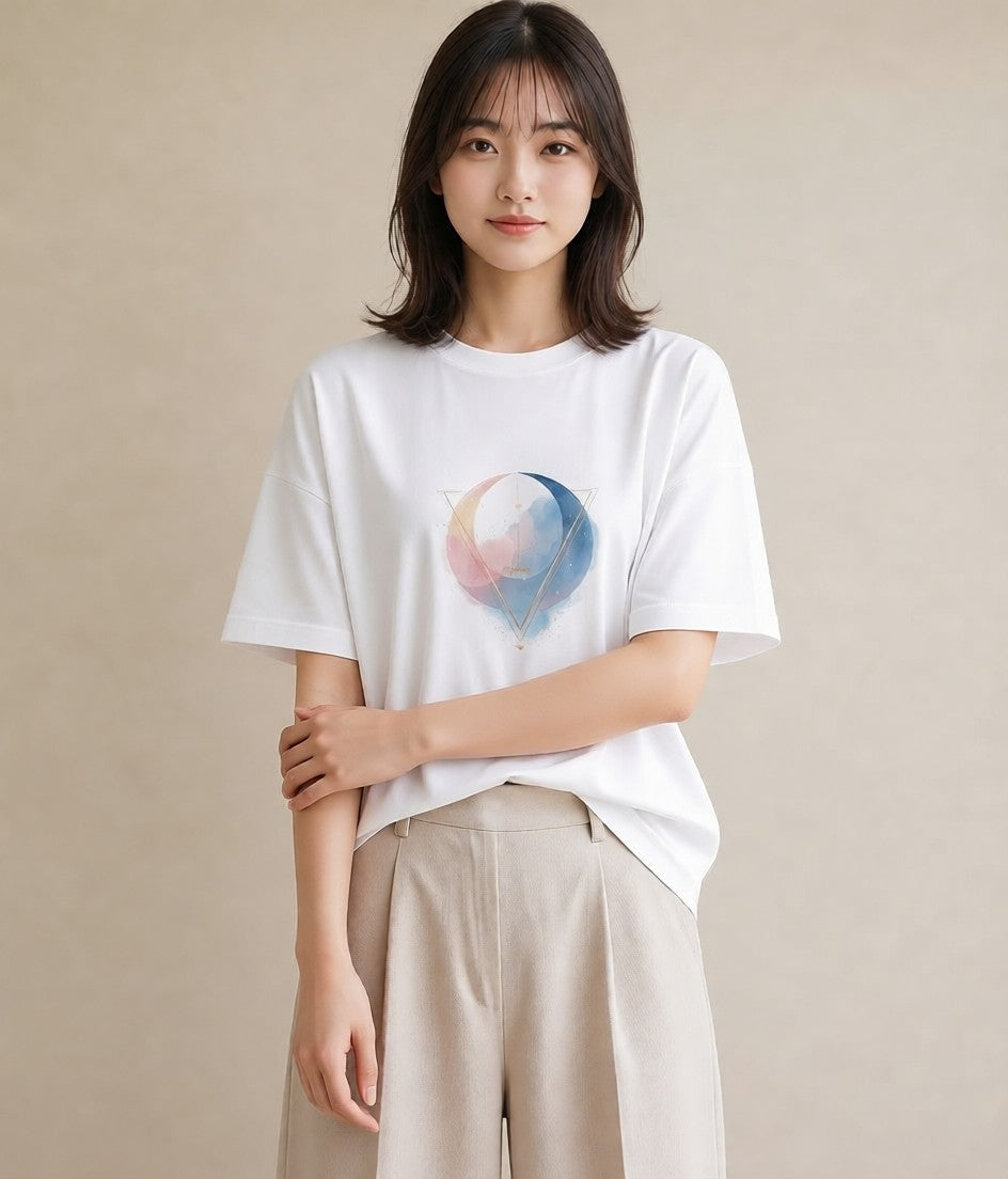 プリントTシャツ レディース 三日月 星空 宇宙 イラスト きれいめ 散歩 お出かけ 白T YMAZO