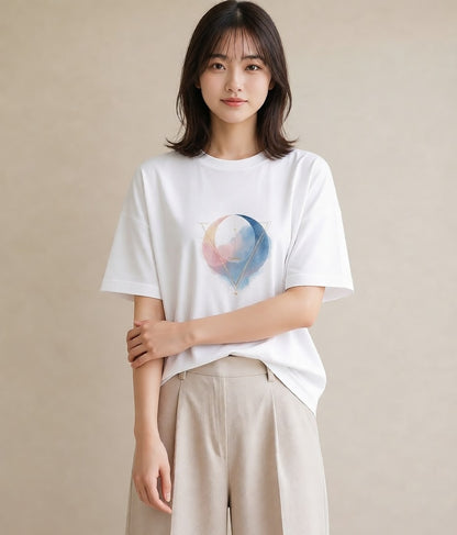 プリントTシャツ レディース 三日月 星空 宇宙 イラスト きれいめ 散歩 お出かけ 白T YMAZO