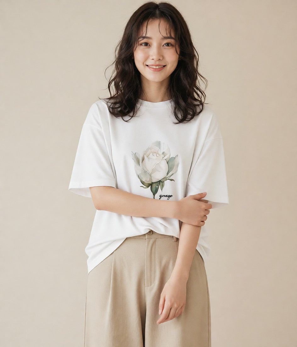グラフィックTシャツ レディース 牡丹 花 花柄 イラスト ポップ 旅行 母娘コーデ 白T YMAZO