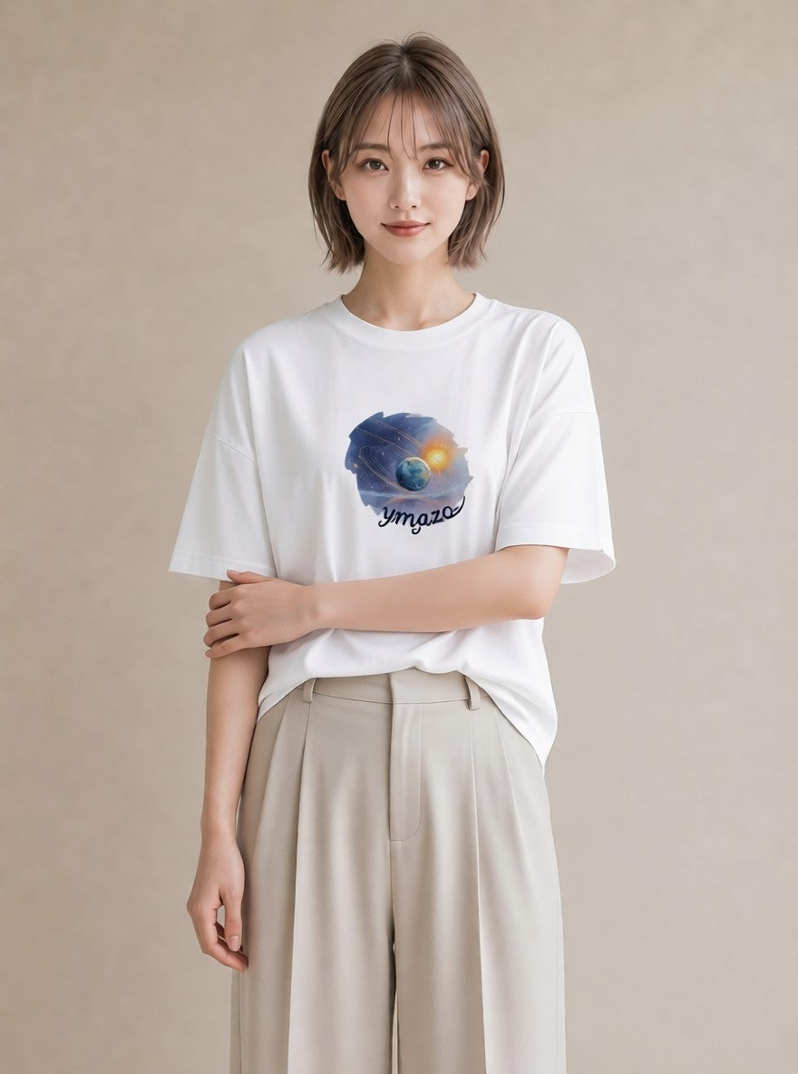 デザインTシャツ レディース 宇宙 星空 イラスト レトロ 秋コーデ おしゃれギフト 白T YMAZO