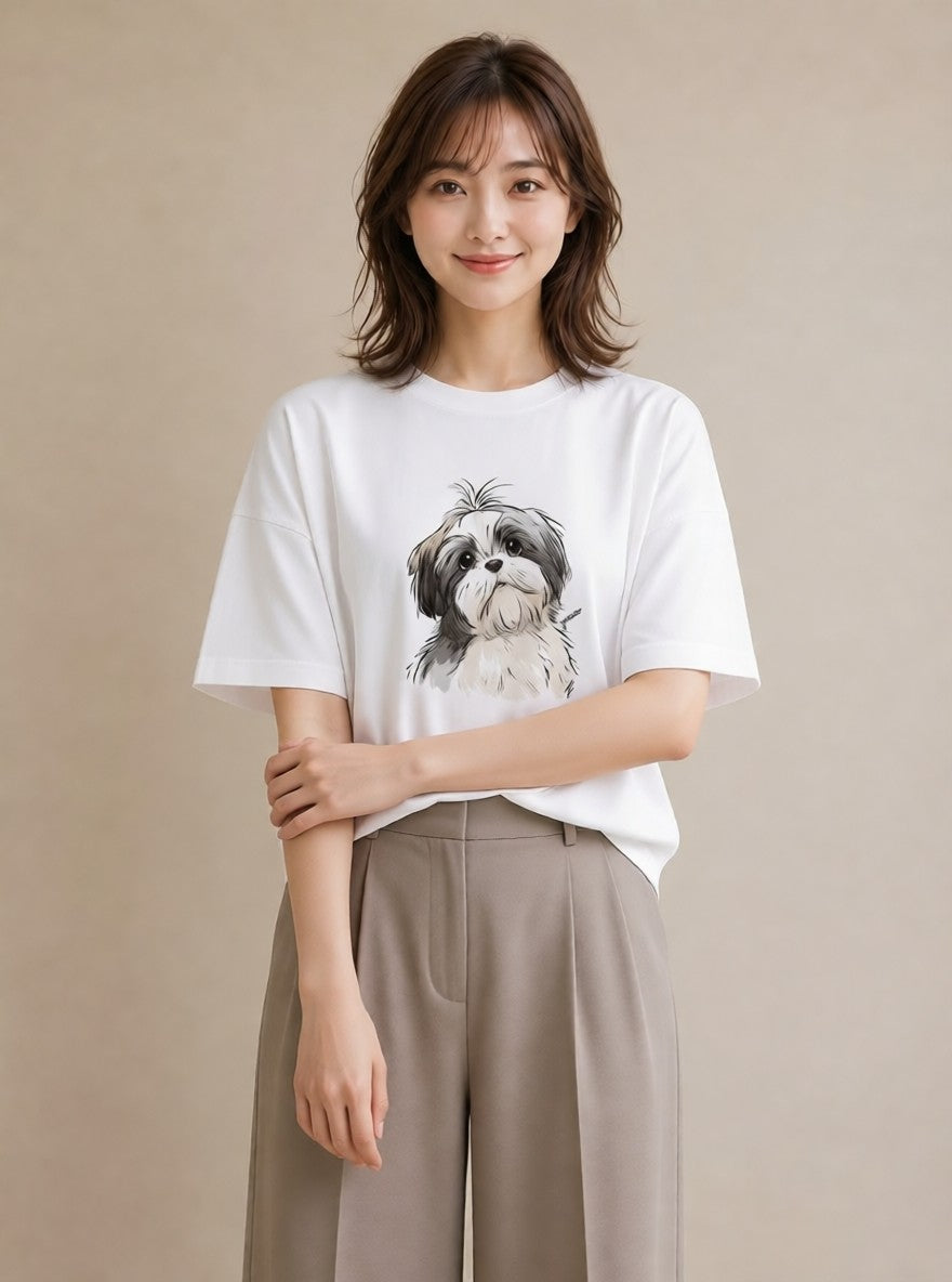 グラフィックTシャツ レディース ペキニーズ 犬 いぬ イラスト カフェコーデ ミセス 春コーデ 白T YMAZO